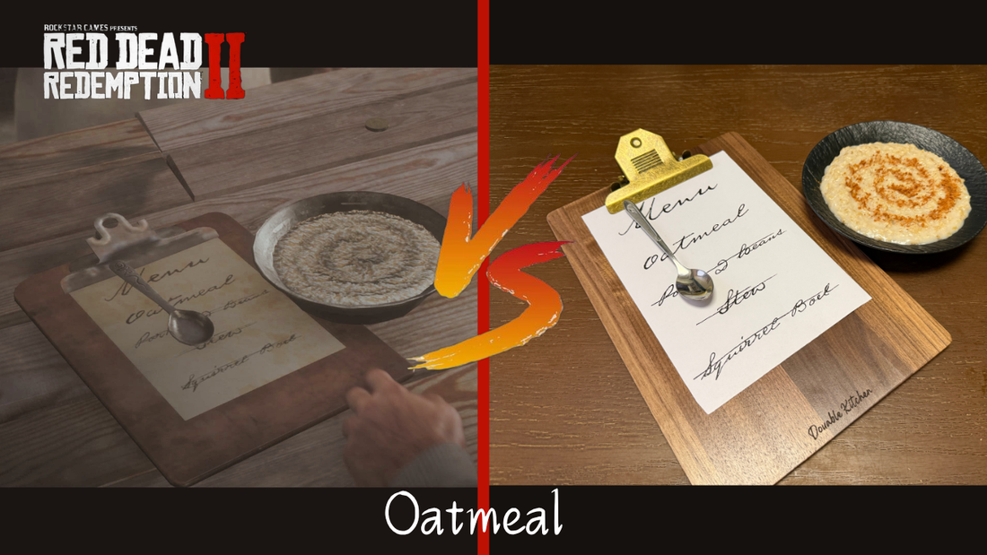 Red Dead Redemption 2 Keane's Saloon oatmeal recipe vs real life recreation, a bowl of homemade oatmeal with cinnamon swirl inspired by RDR2