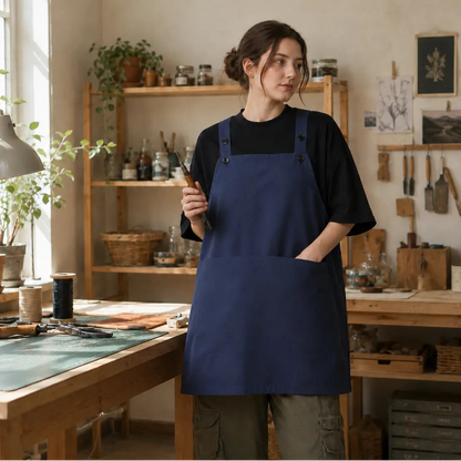 A woman in a navy blue apron stands in a wood-filled craft studio, holding a tool and looking to the side.