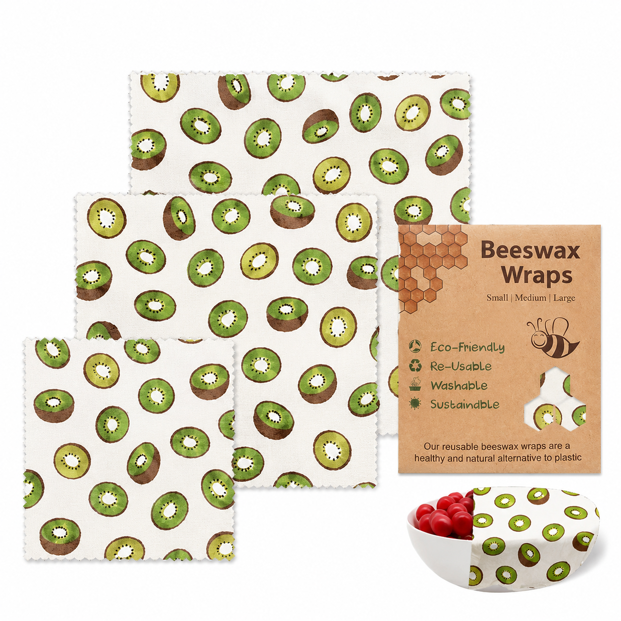 Premium Reusable Beeswax Food Wraps (3-Pack) - Eco-Friendly Freshness Set (Honeybee, Zesty Kiwi, Midnight Koi)